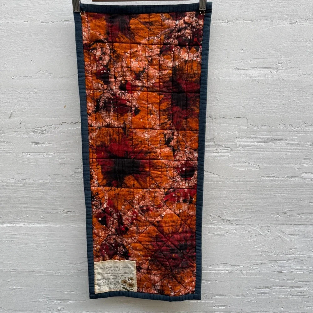handmade tapestry Quilted Wall Hang Orange Floral Fiber Art Vase Flowers 3D